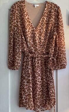 DR2 Chiffon Dress Cheetah Print Sz L Long Sleeve w/ Faux Wrap & Tie Belt